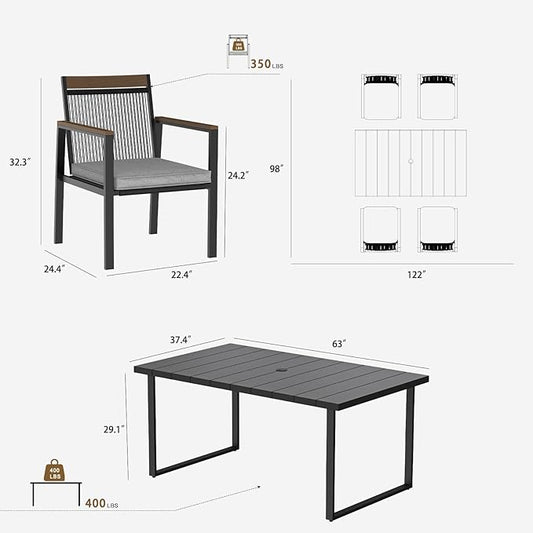 5-Piece Patio Dining Table and Chair Sets, Outdoor Metal Dining Furniture Set with Umbrella Hole, Wood Grain Tabletop, 4 Rope Patio Chairs with Faux Wood Armrest & Cushions for Backyard, Deck