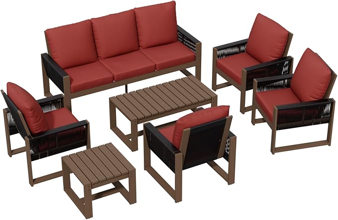 Rustic Hideaway Natural Cedar Wood Outdoor Furniture Set, Wicker Patio Conversation Set for Porch Garden Backyard, Couch, 4 Patio Chairs, Tables, 7 Piece, Brownish/Red