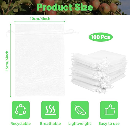 100Pcs Fruit Protection Bags, 4x6 Inch White Fruit Bags for Fruit Trees with Drawstring, Reusable Mesh Fruit Netting Cover Bags for Tomatoes, Strawberry, Vegetable