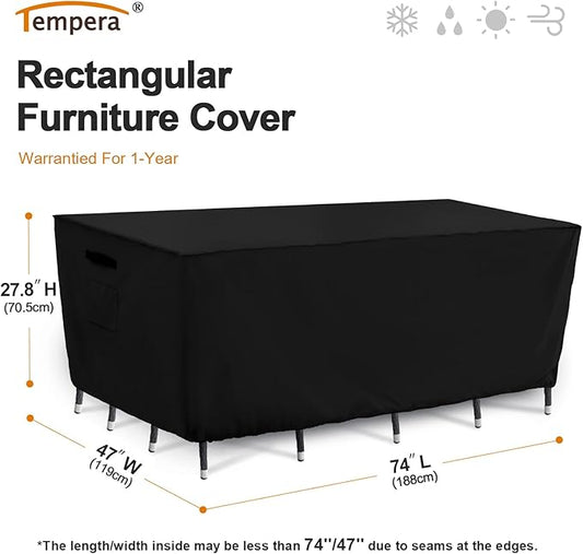Tempera Patio Furniture Cover,Outdoor Table And Chair Covers Waterproof, Outdoor Dining Set Cover,Heavy Duty Rectangle Patio Furniture Covers,74''L x 47''W x 27.8''H,Black