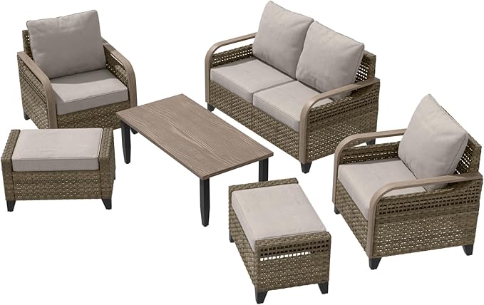 Modern Wicker Patio Furniture Set, Rattan Outdoor Conversation Set with Comfortable Cushions, 2 Patio Chairs, 2 Seat Loveseat, 2 Ottomans and Coffee Table, 6 Pieces, Brown/Gray