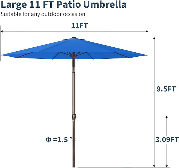 PatioKingdom 11FT Patio Umbrella,Outdoor Umbrella with Push Button Tilt and Crank,Market Table Umbrella with 8 Sturdy Fiberglass Ribs UV Protection(Royal Blue, 11FT)