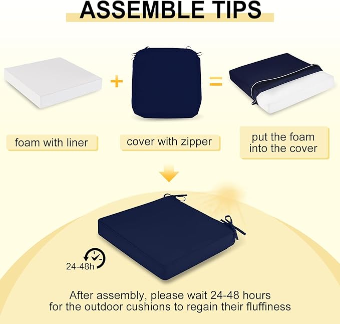 downluxe Waterproof Outdoor Chair Cushions for Patio Furniture, 19" x 19" x 2" Patio Chair Cushion with Adjustable Ties & Portable Handle, Square Outdoor Cushion with Removable Cover, Navy, 2 Pack