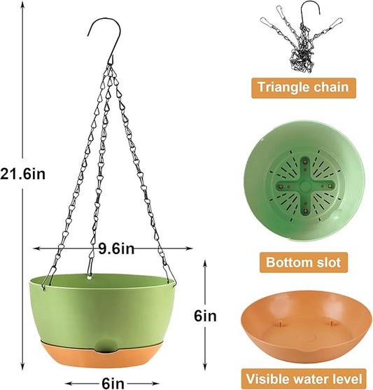 10 inch Hanging Planters for Indoor Outdoor Plants with Self-Watering Pots, 3 Pack Plastic Hanging Basket with Removable tray for Home Garden Porch Balcony Patio Decor(Green)
