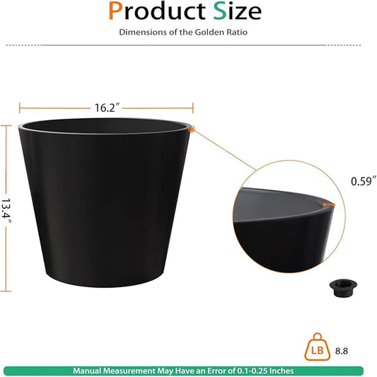 Wide Planters for Outdoor Plants, Extra Large Indoor Flower Pots for Garden, Front Porch, Patio - Round Resin Planter Set of 2 (Black, 16 inch - 2 Pack)
