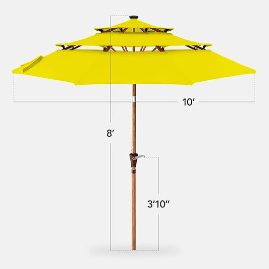 Best Choice Products 10ft 3-Tier Solar Patio Market Umbrella, Outdoor Sun Shade for Backyard, Deck, Poolside, Table w/Woodgrain Pattern, LED Lights, Tilt Adjustment - Yellow