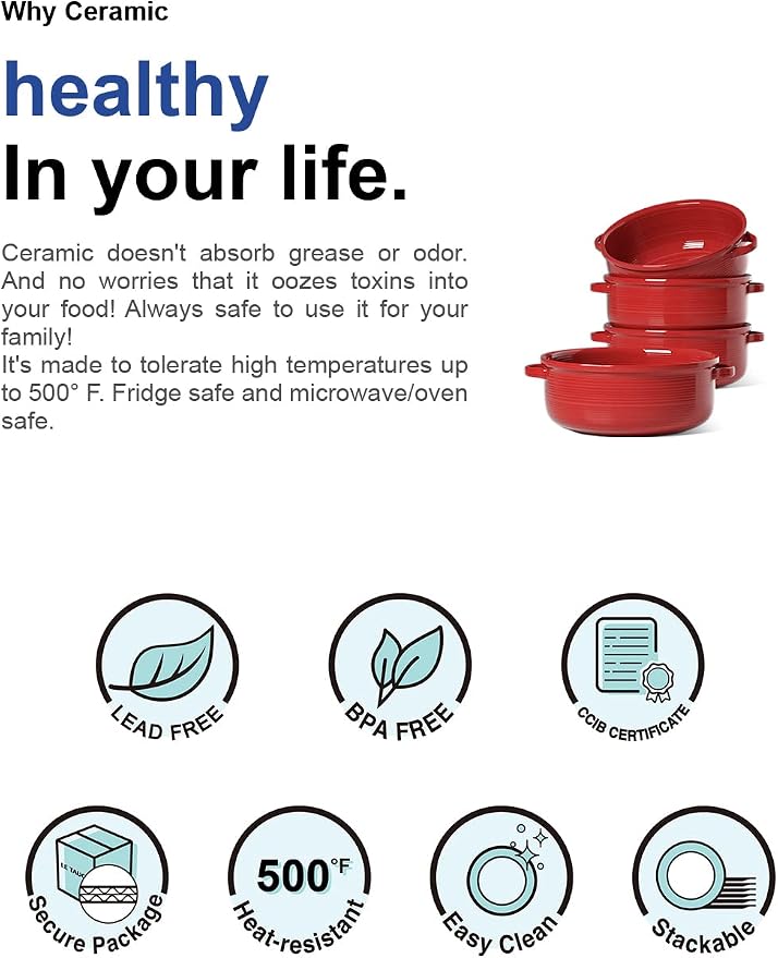 LE TAUCI Soup Bowls with Handles - 22 oz Lead-Free Ceramic French Onion Crocks, Oven and Microwave Safe, Heat-Resistant Design, Stackable, Dishwasher Safe, Set of 4, Red