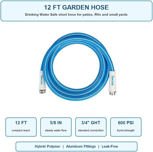 FEVONE 12 ft x 5/8 in Garden Hose, Drinking Water Safe Flexible Water Hose, Short Lightweight Hybrid Polymer Hose, Kink-Resistant, 3/4 in Aluminum Fittings, Leak-Free, 600 PSI