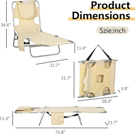 Sun Tanning Chair with Face Hole, Heavy Duty Adjustable 5-Position Folding Laying Out Chairs for Tanning, Beach Lounge Chairs for Adults for Outdoor Sunbathing Patio Pool Lawn (Beige)