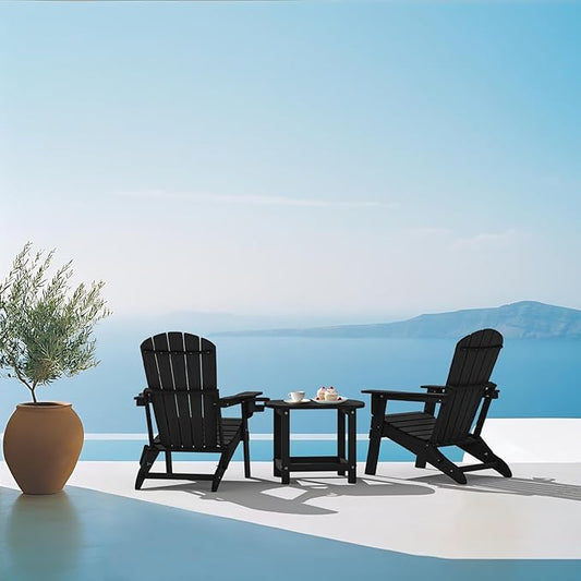 Plawdlik Folding Adirondack Chair, SGS Tested, Wooden Textured with Cup Holder, Heavy All-Weather HDPE Comfortable Set Poolside Backyard Lawn Black