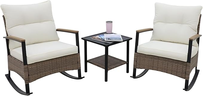 EAGLE PEAK 3 Piece Mojave Dusk Outdoor Conversation Set, Patio Wicker Furniture, 2 Rocking Chairs and Side Table, Light Brown/Beige
