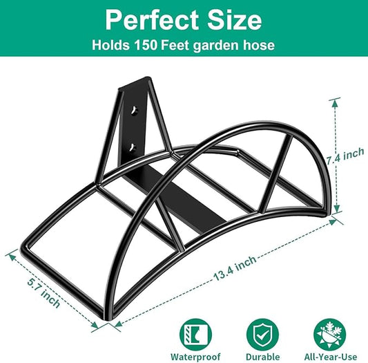 TomCare Garden Hose Holder Wall Mount Metal Water Hose Holder Holds 150Ft Hoses Heavy Duty Hose Hanger Sturdy Hoses Storage Organizer for Outside Yard Garden, Black