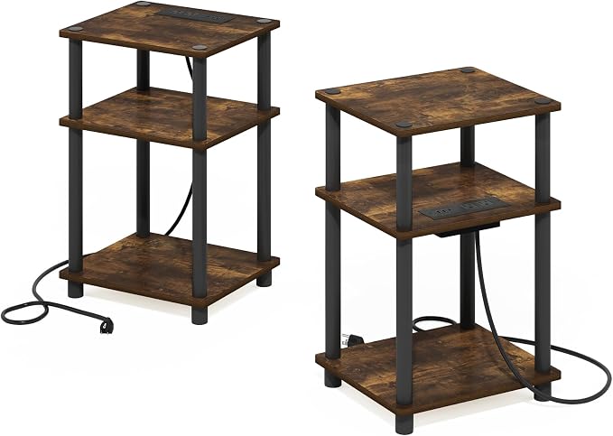 Furinno JUST Side Table Set of 2, 3-Tier Modern End Table with Charging Station, Open Shelf Night Stand, Bedside Table with USB and Type-C Port, for Living Room, Bedroom, Amber Pine