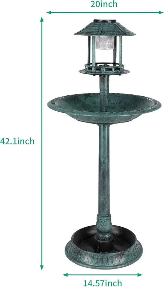 Outvita Outdoor Bird Bath, Garden Bird Baths Decorations with Solar-Powered Lamp and Resin Pedestal Flower Planter Base Bird Feeder for Yard Patio