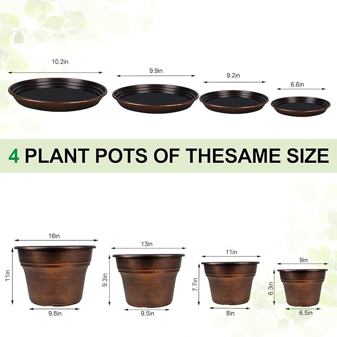 Plant Planters Pots Set of 4 Pack 13 Inch,Large Plastic Flower Pot For Indoor Plants With Drainage Holes & Trays, Resin Decorative Container Sets With Saucer For House Outdoor Garden Plant Copper