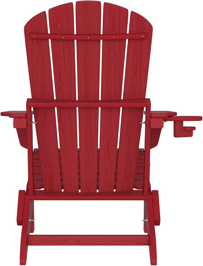 Plawdlik Folding Adirondack Chair Set of 2,Cup Holder,Wooden Textured,Heavy All-Weather HDPE Outdoor Chairs, Poolside Backyard Lawn,Red