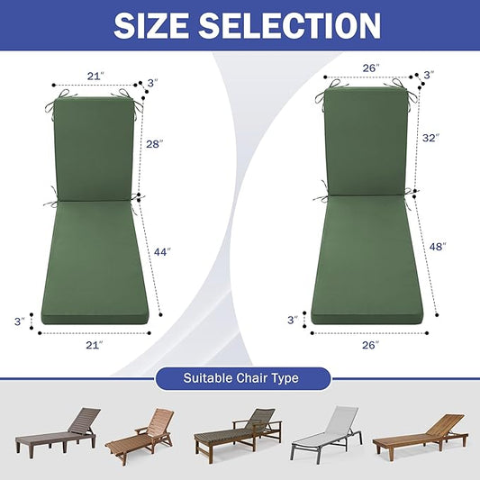 Chaise Lounge Cushions Outdoor, Waterproof Lounge Chair Cushion, 72x 21x 3 Inch Outdoor Chair Cushions with Ties, High-Density Foam Patio Lounge Chair Pads for Lawn, Pool & Beach, Forest Green