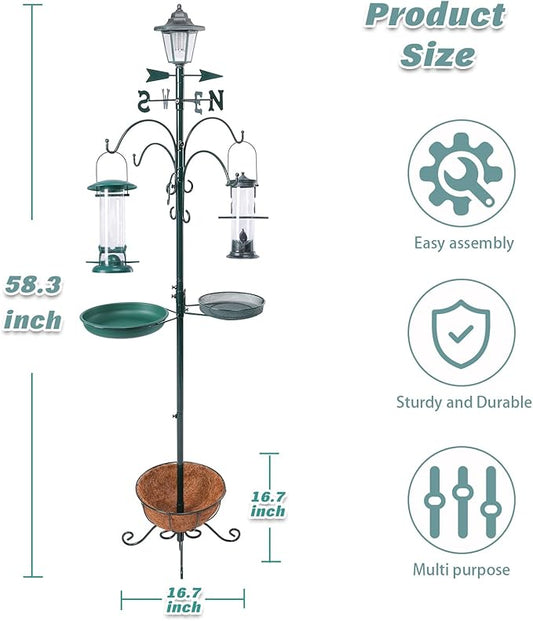 Yinns Bird Feeder with Pole Outdoor, Shepherds Hook for Birdfeeder, Multi Feeder Hanging with Solar Lamp, Tube Feeder, Bird Bath and Flower Pot for Attracting Wild Birds, 58 inch