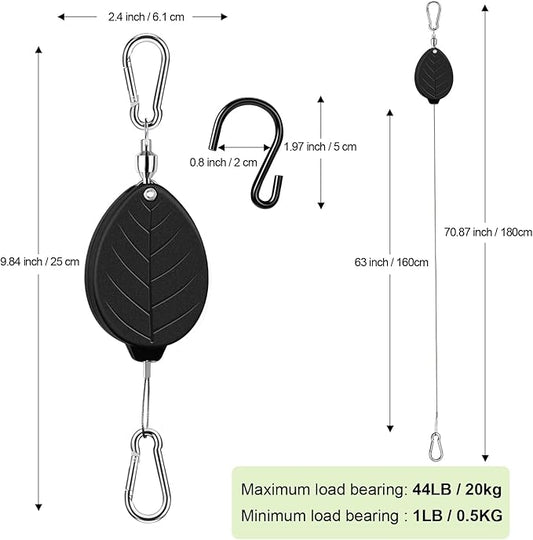2026New 2Pcs Retractable Plant Hanger with Leaf Texture,44Lbs Load Capacity,Auto Lock,Adjustable Hook for Hanging Plants,Bird Feed,Wind Chimes,Garden Pots,Rust-Proof Stainless Steel,Black