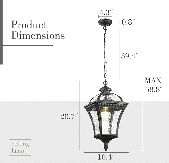 Emliviar 20.7" Outdoor Pendant Light, Matte Black Hanging Porch Chandelier with Water Ripple Glass, Modern Ceiling Pendant Lighting for Patio, Entryway, XE266H-SW BK