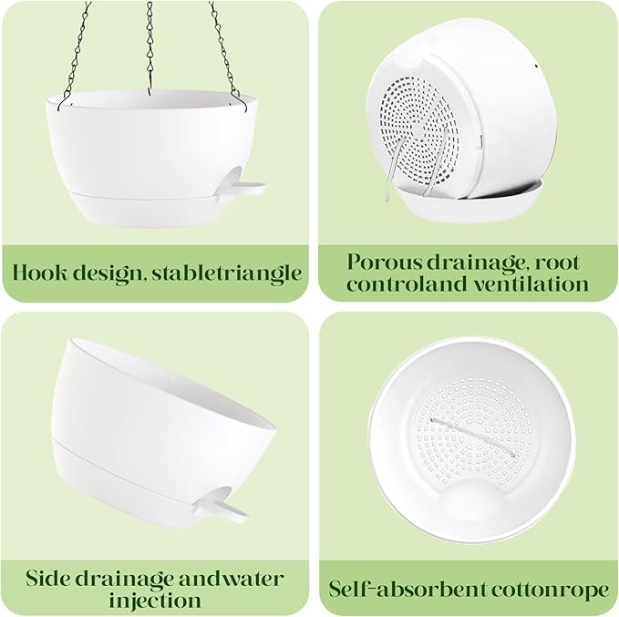 10 Inch Hanging Planters with Chains 2 Pack Self Watering White Plastic Hanging Pots for Indoor Outdoor Plants, Garden Porch Home Decor (White)