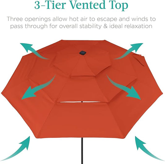Best Choice Products 10ft 3-Tier Solar Patio Umbrella, Outdoor Market Sun Shade for Backyard, Deck, Poolside w/ 24 LED Lights, Tilt Adjustment, Easy Crank, 8 Ribs - Rust