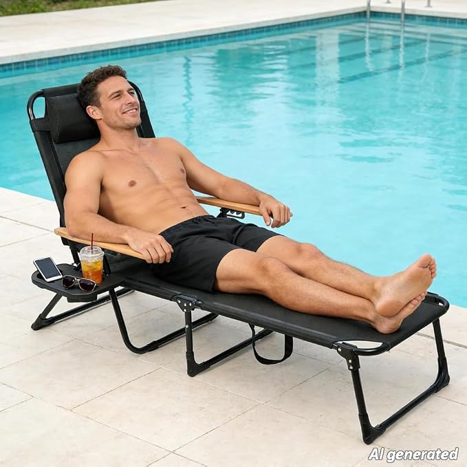Folding Chaise Lounge Chair Outdoor, Folding Sun Lounger with 4-Position Reclining Back, Foldable Tanning Chair with Adjustable Headrest, Beach Lounge Chair for Poolside Backyard Camping (Black)