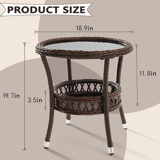 Outdoor Side Table Set of 2 Wicker End Table for Patio Rattan Side Table for Outside Brown Outdoor Patio Coffee Table with Storage & Glass Table Top Round for Backyard Porch