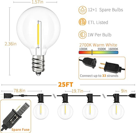 Svater Outdoor String Lights LED 25 FT, Patio Globe Lights with 13 Plastic G40 Bulbs, Waterproof Dimmable Outside Hanging Light for Backyard Bistro Cafe Porch Party Decor, 2700K Warm White