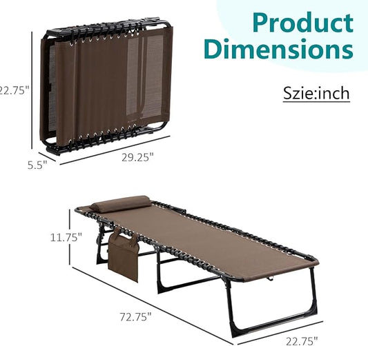 Portable Foldable Sun Tanning Chair, Heavy Duty Adjustable Folding Laying Out Chairs for Tanning, Beach Lounge Chairs for Adults for Outdoor Sunbathing Patio Pool Lawn Camping Deck (Brown)