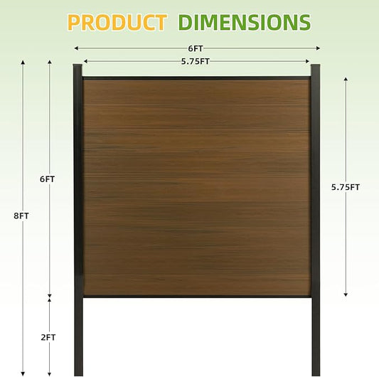 Mondaria Fence Privacy Screen with 8ft In-ground Posts, 6ft(H) x12ft(W) Wood Plastic Composite Fence Panels Weather-Resistant Outdoor Fence for Backyard/Garden (Brown, 3 Posts)
