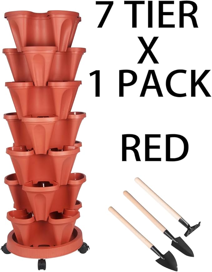 GameXcel Vertical Planter Tower- 7 Tier Stackable Garden Planter with Wheels and Tool Set – Grow Strawberries Herbs Flowers and Vegetables - Indoor Outdoor Use Red