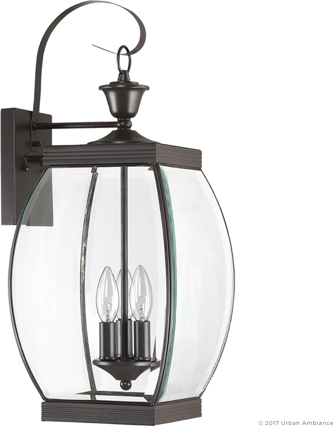 Urban Ambiance Luxury Colonial Outdoor Wall Light, Large Size: 22.5" H x 9" W, with Transitional Style Elements, Bowed Design, Gorgeous Dark Medieval Bronze Finish and Beveled Glass, UQL1172