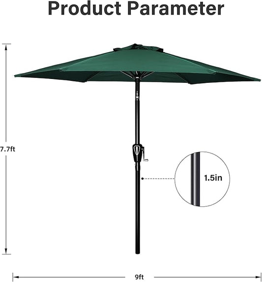 Simple Deluxe 9FT Outdoor Patio Umbrella Table Market Umbrella with Push Button Tilt and Crank and 50lbs Base Stand, for Garden, Lawn, Deck, Backyard, Pool, Green