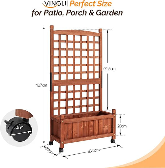 VINGLI 2PC Wooden Planter with Trellis, 50" Height Elevated Garden Beds Outdoor with Wheels, FreeStanding Planter Box with Drainage Holes for Flower, Vegetable, Fruit, Herb in Garden, Patio, Balcony