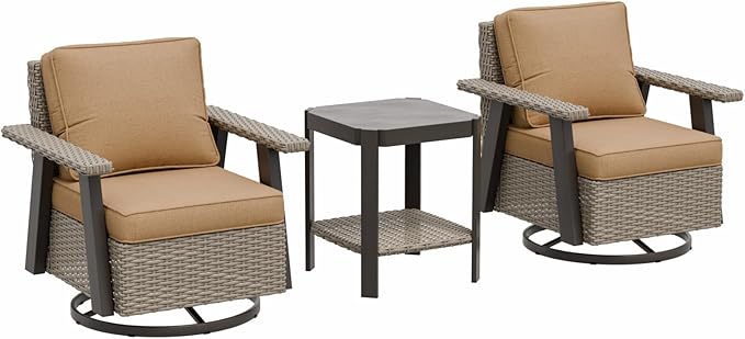 EAGLE PEAK Classic Wicker Patio Bistro Set of 3, Outdoor Patio Furniture with 360° Swivel Rocker Chair and Side Table, Lounge Set for Porch, Deck, or Balcony, Beige/Tan