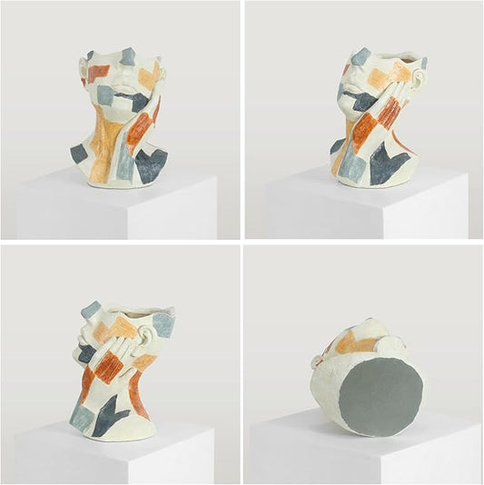 Lukitas Abstract Face Planter, Faux Sandstone Decorative Vase, Colorful Handcrafted Artistic Flower Plant Pot for Garden Patio Living Room, Resin 10.5''