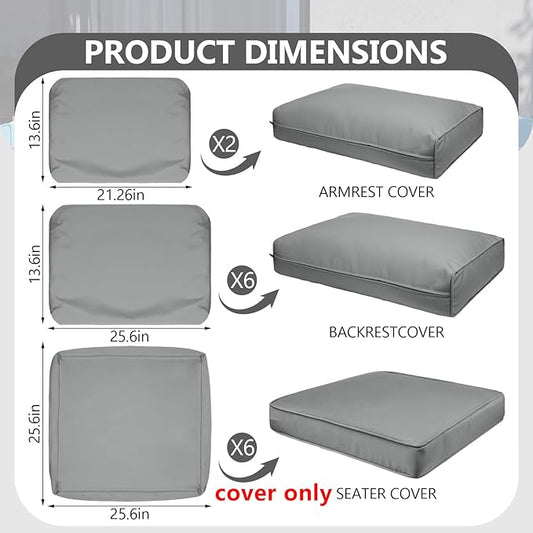 14 Piece Outdoor Patio Waterproof Cushion Covers, Fits 6-Seat Wicker Rattan Sectional Couch Chair Furniture Cover Replacement Set - Fade-Resistant Patio Cushion Covers with Zipper
