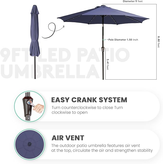 JEAREY 9FT Outdoor Patio Umbrella with Solar Lights, LED Lighted Pool Umbrella with Tilt and Crank, Outdoor Table Umbrellas for Deck, Yard & Market (Dark Blue)
