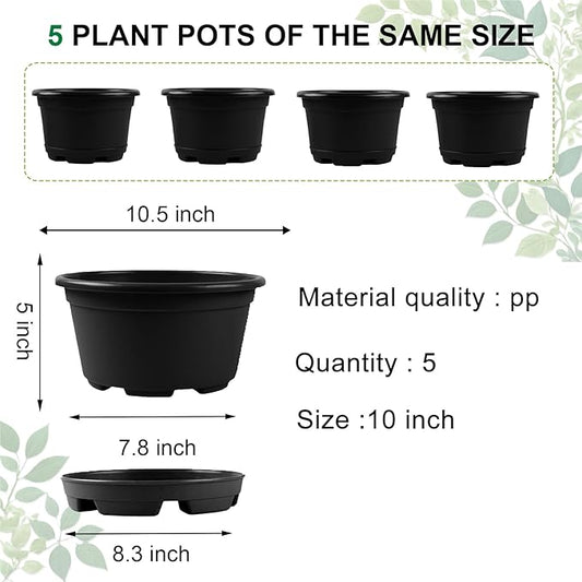 5 Pack 10.5 inch Plant Pots,Planter-Pots-for-Plants,Plastic Flower Pot for Indoor Outdoor Plants with Drainage Holes & Trays, Decorative Garden Containers Sets for Houseplants