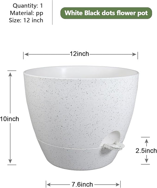 12 inch Large Self Watering Pots, Planter, Plant Pots with Multi Mesh Drainage Holes for Indoor Outdoor House Plants and Garden, Plastic Flower Pots with Deep Reservoir, Speckled White