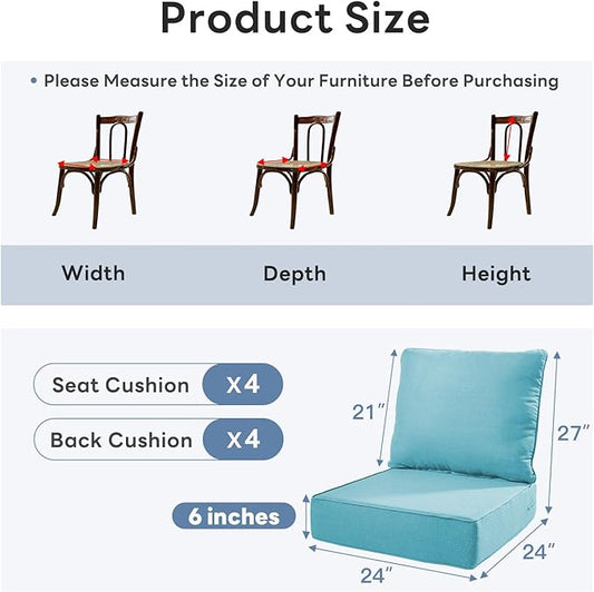 6" Thicker Outdoor Chair Cushion 4 Sets - 24" *24" *6" Waterproof Patio Furniture Cushions with Removable Cover, 28D High Density Sponge Filling Thicken Outdoor Patio Cushions - Turquoise