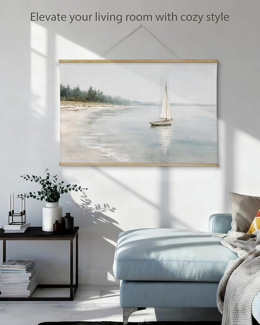 ARPEOTCY Extra Large Vintage Framed Wall Art, 36x54 Inch Coastal Ocean Sailboat Beach Landscape Hanging Canvas Prints Wall Art Decor for Living Room Bedroom, Retro Scenery Pictures Above of Bed
