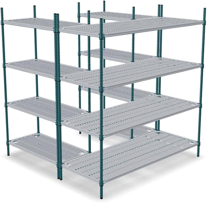 NSF 5' x 5' Walk-in 4-Tier Shelving Unit Kit with Drop Mat Shelf Liner, Commercial Storage Rack Unit, Organizer Shelves System Kit, Heavy Duty Racking for Storage, Shelving Kits (Green Epoxy)