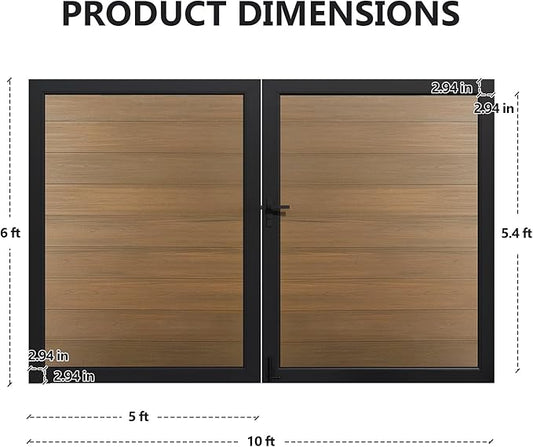 Wood Plastic Privacy Double Fence Gate 6ft(H) x 10ft(W), Metal Frame with Knob Kits, Durable Composite Outdoor Gate,Brown