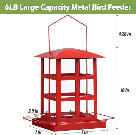 Bird Feeder, Heavy Duty Metal Bird Feeders for Outdoor Hanging, Retro Red House Wild Birdfeeder, Rainproof & Waterproof, 6 LBs Extra Large Capacity