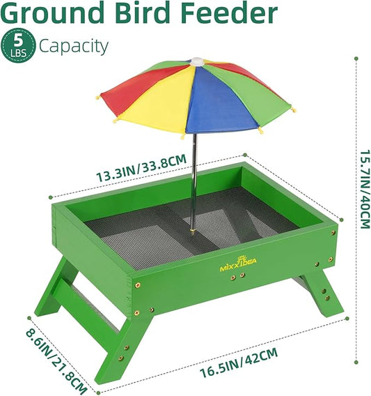 MIXXIDEA Ground Bird Feeder for Outdoors Bird&Squirrel Feeder Wooden Chicken Picnic Table Platform Feeder Wild Bird Feed Crow Feeder for Outside with 5 LBS Capacity