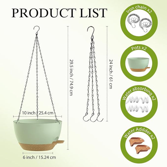 10 Inch Hanging Baskets 2 PC with Chains, Self-Watering Hanging Planters for Indoor Outdoor Plants, Plastic Hanging Flower Pots,Green Brown