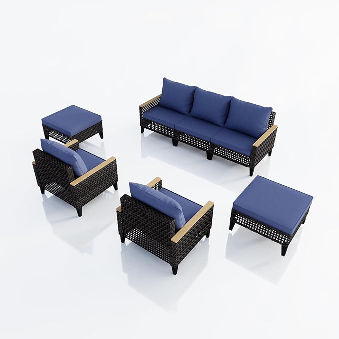 7-Piece Outdoor Patio Furniture Set, Wicker Conversation Set with Armchairs and Ottomans, Rattan Sectional Modular Sofa Couches for Porch, Poolside, Deck, Balcony, Backyard, Yard (Blue Cushions)