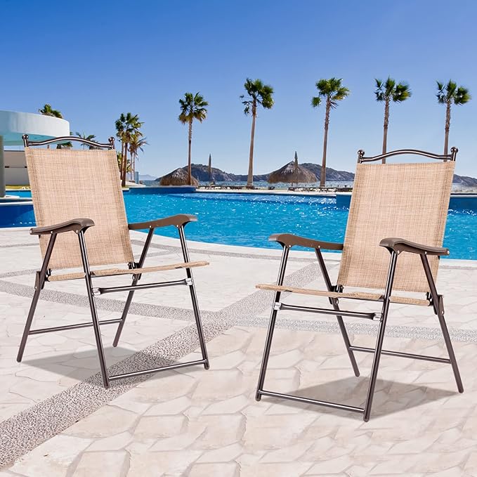 Tangkula Set of 4 Patio Folding Dining Chairs, Outdoor Sling Lawn Chairs with Armrests, Steel Frame, Portable Camping Lounge Chairs for Backyard, Deck, Poolside and Garden, No Assembly (2, Beige)
